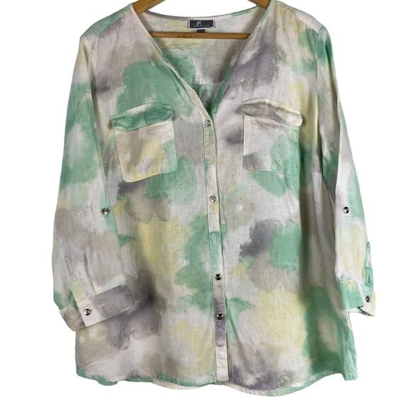 JM Collection Tie-Dye Linen Shirt Size 14 Collarless Button Front‎ - Picture 1 of 9